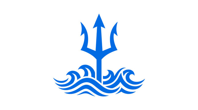 Blue trident with ocean waves logo design.