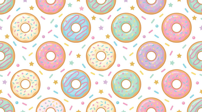 Donuts with pastel colored icing and sprinkles create a seamless repeating pattern on a white background.