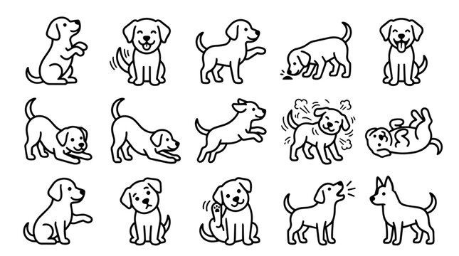 Set of various puppy dog icon poses and actions