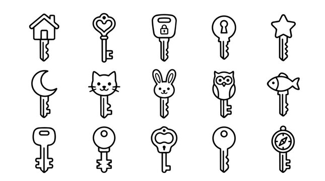Various line art keys with symbolic shapes