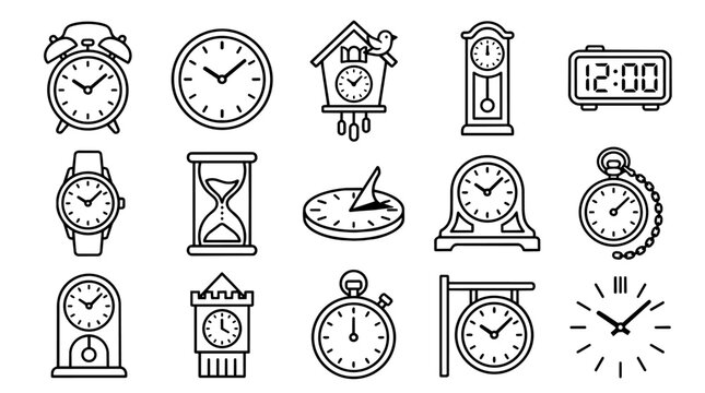 Outline icons showing various clocks and timepieces