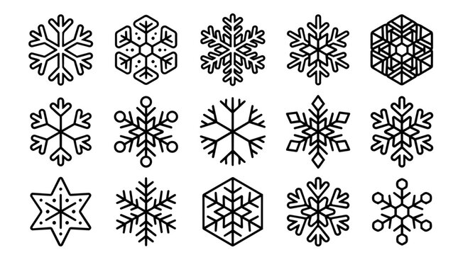Set of black outline snowflake icons for winter design