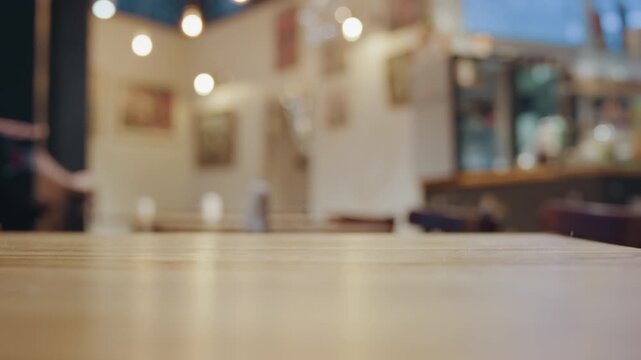 Abandoned gift left on empty table in quiet cafe, gloved hand withdraws as scene clears, soft bokeh and moody lighting convey solitude and melancholy over wooden surface and minimal composition