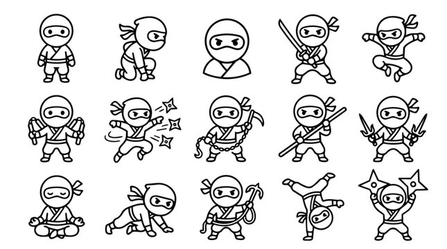 Set of cute ninja characters in action poses