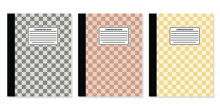 Pastel Ornamental Grid Pattern Composition Book Flat Vector Mockup, Vintage Boho Geometric Seamless Texture Layout for Back to School Stationery and Daily Journal Print on Demand