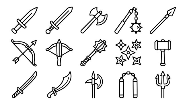 Various medieval and fantasy weapon line art icons