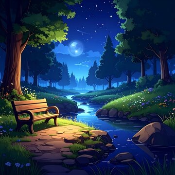 A serene nighttime scene with a bench by a river (2)