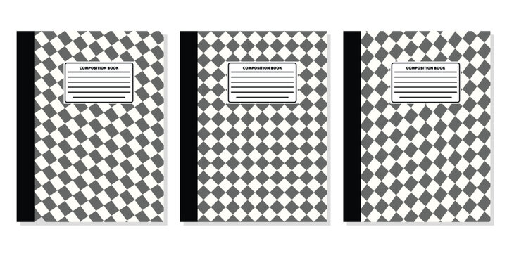 Classic Grey Diagonal Checkerboard Composition Notebook Vector Template, Minimalist Harlequin Diamond Pattern Background Design for KDP Print on Demand and Basic School Supplies