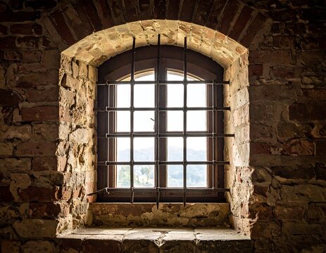 Rustic Arched Stone Window Framed by Iron Bars in Historic Brick Wall