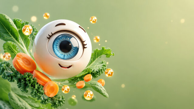 Cute 3d medical eyeball character with blue eye cartoon smile surrounded by fresh carrot slice kale leaf vitamin sphere healthy vision nutrition concept on green background