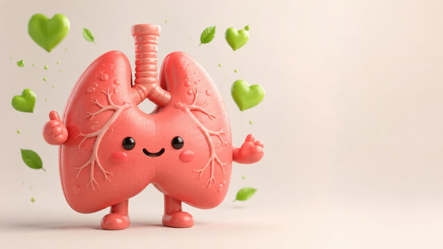Cute 3d lung character medical health concept with happy face pink organ cartoon anatomy with green leaf heart background wellness and breathing care education for children