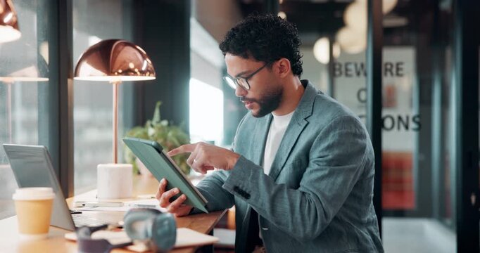 Business, tablet and thinking with man in coffee shop for hybrid work, planning or research. App, laptop and reading with corporate employee at window in cafe or restaurant for information review