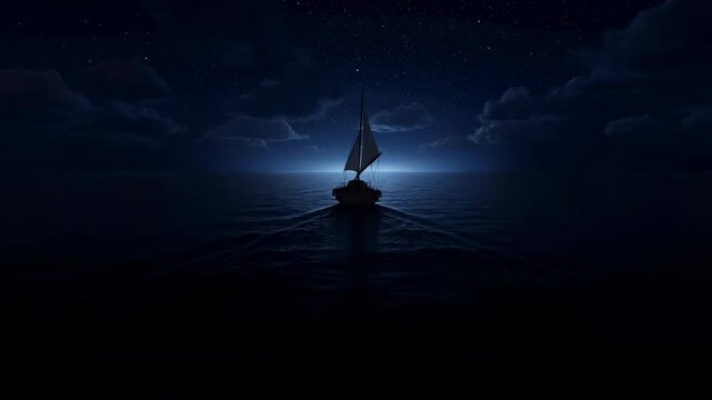 Lonesome Sailing Craft Drifts Peacefully On Moonlit Sea Under Sky Filled With Stars And Drifting Clouds