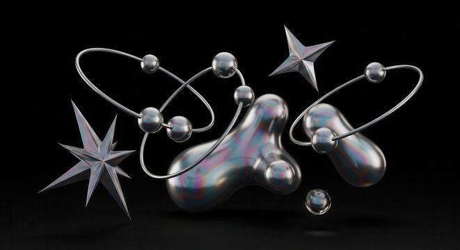 Abstract 3D Iridescent Liquid Shapes and Metallic Stars on Black Background, Y2K Aesthetic Futuristic Design Elements