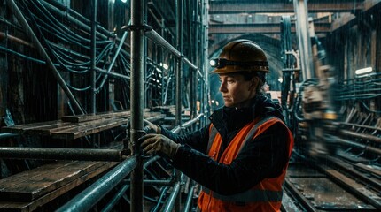 Fototapeta premium Engineer Inspecting Construction Scaffolding inside a Dark Tunnel During Rain