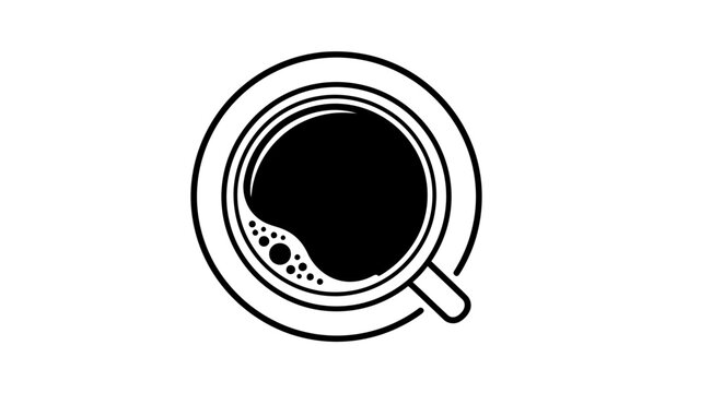 Overhead view of coffee cup with saucer black and white illustration