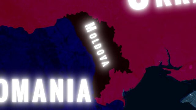 Moldova and Transnistria map animation with dark red Ukraine and blue Romania theme