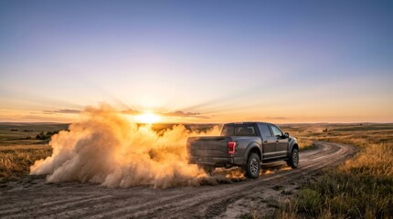 Fototapeta premium Pickup Truck Driving on Dirt Road Kicking Up Dust at Sunset in Grassland