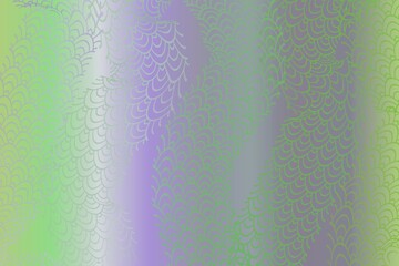 Abstract pastel background with hand drawn green fish scale patterns and wavy purple gradient stripes. © Predrag