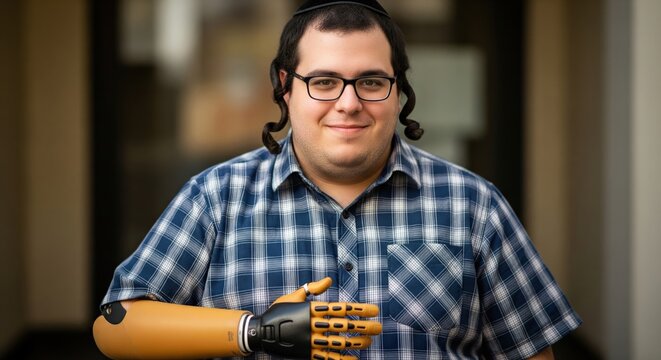 Smiling man with prosthetic arm wearing plaid shirt