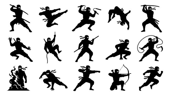 Set of Ninja warriors in dynamic action poses