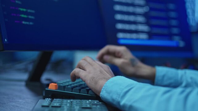 Close up of a software developer hands typing on a keyboard with code displayed on monitors in a dark blue lit modern technology office during a night coding session.