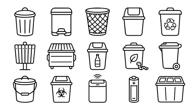 Waste and recycling management outline icons set