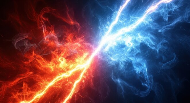 Fiery red and electric blue lightning clash in a dynamic abstract display