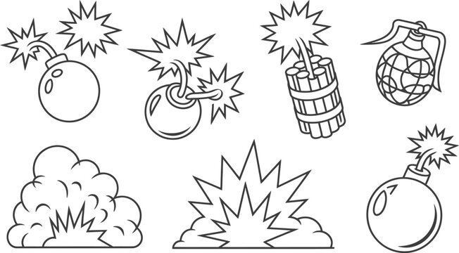 Exploding bomb and dynamite set with smoke clouds and blasts explosion dynamite explosive detonation illustration. Vector illustration