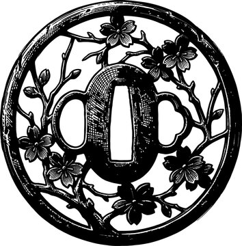 Antique Japanese tsuba sword guard with cherry blossom branches, detailed metalwork, ornate circular design, cultural artifact