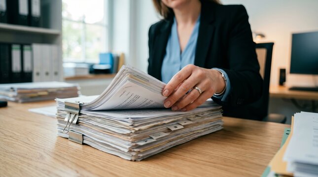 Businesswoman reading legal document from big stack of case files at desk in corporate law office