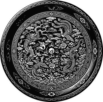 Intricate circular pattern from an ancient cultural bronze mirror, featuring mythical creatures, clouds, and celestial motifs within a detailed border. A symbol of cultural heritage.