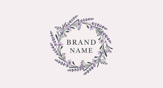 Elegant lavender wreath logo with brand name placeholder for artisanal cosmetic and wellness businesses