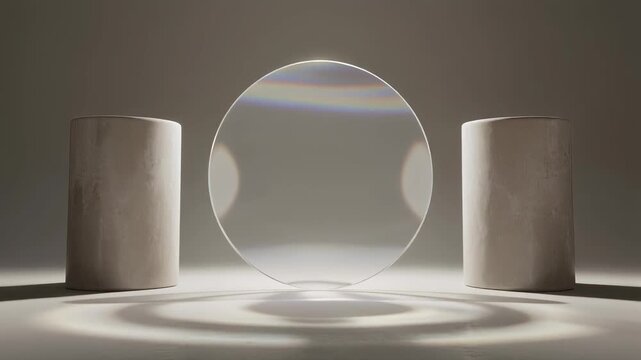 Minimalist setup with a circular glass object and two cylindrical pedestals