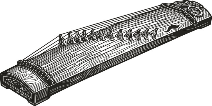 Illustration of a guqin, a traditional Chinese plucked string instrument with seven strings, rendered in a detailed line art style on a white background