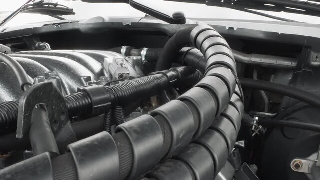 Close up engine wiring with spiral loom, black corrugated sleeve snaking across polished intake manifold, braided cables secured with clamps, workshop lighting reflecting on metal, maintenance ready