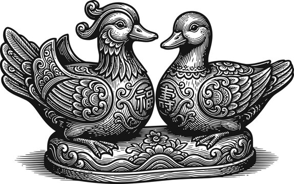 Ornate decorative pair of ducks facing each other, intricate patterns, ornamental carved look, rustic folk art