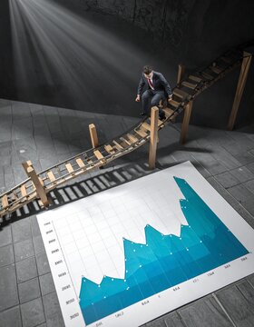 The Rollercoaster of Finance: A businessman navigates a precarious wooden ramp, symbolizing the volatile journey of financial markets, with a fluctuating stock chart laid out before him.