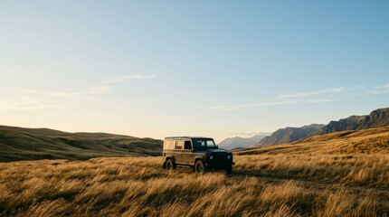 Fototapeta premium Off-road Vehicle Driving Through Golden Grassland Towards Distant Mountains