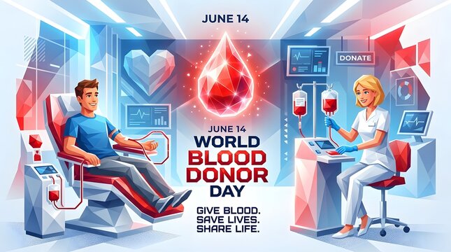 World blood donor day clinic scene with patient and nurse illustration, donation