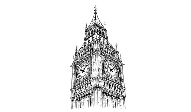 Big Ben Hand Drawn Sketch Vector Illustration London Clock Tower Black and White Isolated on White Background
