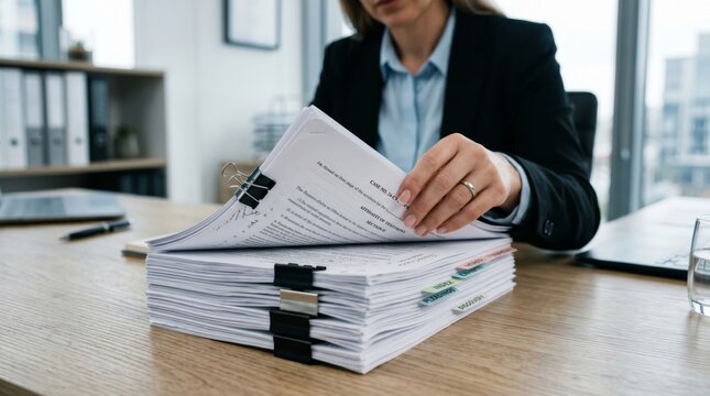 Female attorney examining thick stack of legal briefs and case discovery files at law office desk