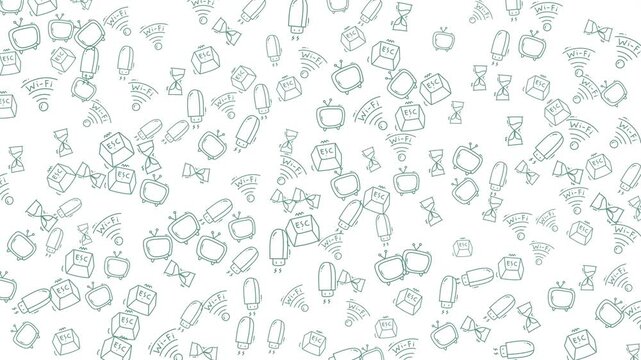 A clean and engaging seamless pattern featuring teal line art icons on a white background. This modern design includes a diverse array of tech symbols, everyday objects, and abstract concepts,