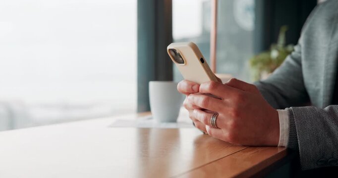Hands, phone and typing for contact in coffee shop, communication or text negotiation with email update. Business person, window space and chat in cafe for networking, online conversation or feedback