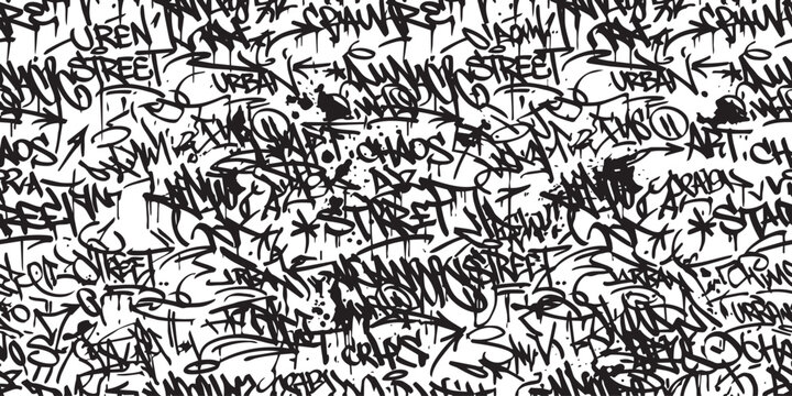 Seamless graffiti pattern background featuring urban street art style tags with monochrome black spray paint on white wall.