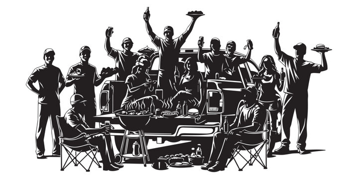Large group of fans enjoying tailgate party with grill and drinks around pickup truck before sports game day celebration.