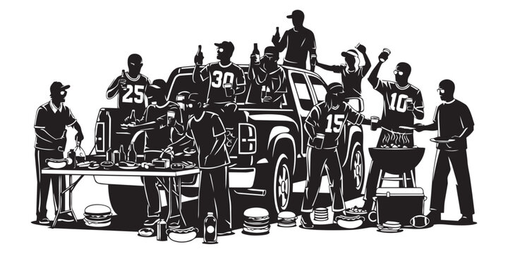 Enthusiastic sports fans wearing jerseys hosting tailgate cookout with food and beverages around vehicle silhouette art.