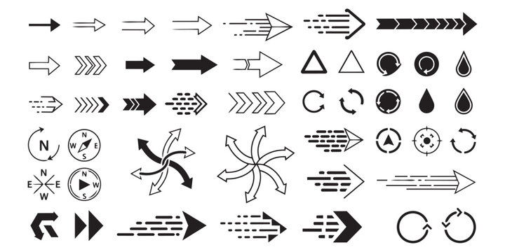 Professional arrow icon set comprising diverse motion indicators circle loops and navigational pointers for modern web apps.