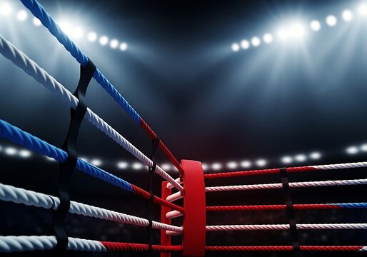 Dramatic boxing ring spotlight an empty arena awaits intense competition and thrilling athletic performance