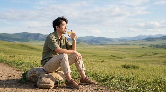 散歩中に立ち止まり水分補給をする日本人男性。
広い空と夏景色が爽やかな印象を演出。
健康やウェルネスをテーマにしたライフスタイル素材。